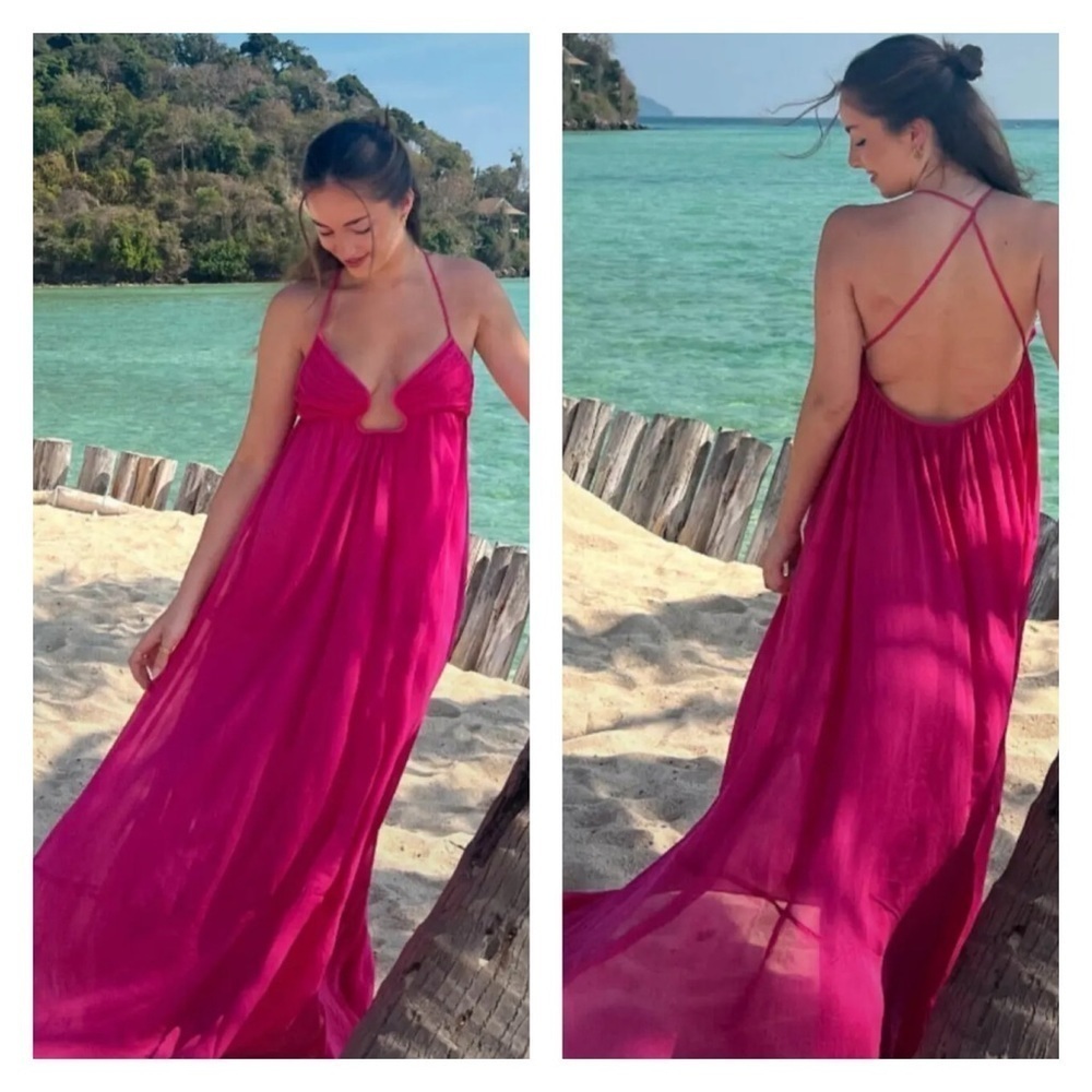 Women’s Fuchsia Halter Maxi Dress - Lightweight Beach Cover-Up - Picture 4 of 15